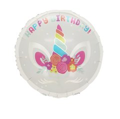 Фольгована кулька Pinan круг "Happy Birthday єдиноріг" біла 18"(45см) 1шт.