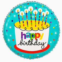 Фольгована кулька круг "Happy Birthday торт" бірюзова 18"(45см) 1шт.