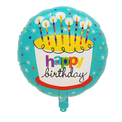 Фольгована кулька круг "Happy Birthday торт" бірюзова 18"(45см) 1шт.