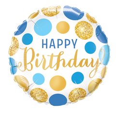 Фольгована кулька Pinan круг "Happy Birthday з блакитними кружечками " 18"(45см) 1шт.