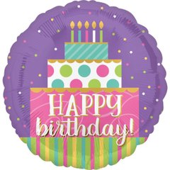 Фольгована кулька круг "Happy Birthday кольоровий тортик" фіолетова Anagram 18"(45см) 1шт.