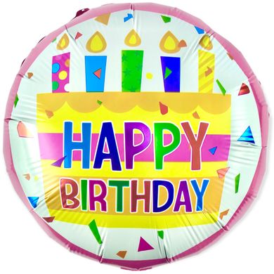 Фольгированный шар 18’ Pinan на День рождения, круг, Happy Birthday, торт, розовый, 44 см
