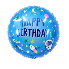 Фольгована кулька Pinan круг "Happy Birthday космос" блакитна 18"(45см) 1шт.
