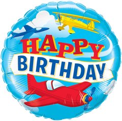 Фольгована кулька Pinan круг "Happy Birthday літачки" блакитна 18"(45см) 1шт.