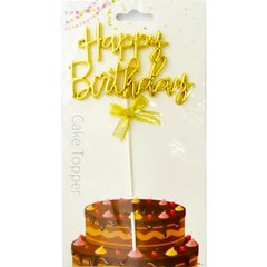 Топпер для торта "Happy Birthday з бантиком" золотий (21,5х11,5см) 1шт.
