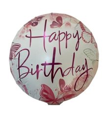 Фольгована кулька Pinan круг "Happy Birthday" метелики рожевий 18"(45см) 1шт.