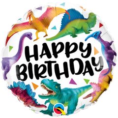 Фольгована кулька круг "Happy Birthday динозаври" біла Qualatex 18"(45см) 1шт.