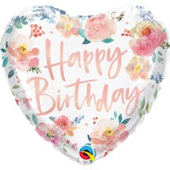 Фольгована кулька серце "Happy Birthday акварель троянди" біла Qualatex 18"(45см) 1шт.