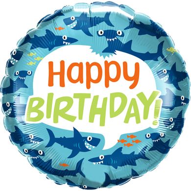 Фольгированный шар 18’ Pinan на День рождения, круг, Happy Birthday, акулы, 44 см