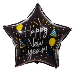 Фольгована кулька Pinan зірка "Happy New Year" чорна 18"(45см) 1шт.