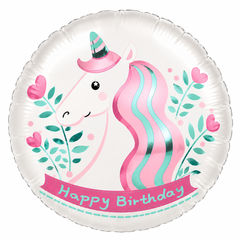 Фольгована кулька Pinan круг "Happy Birthday єдиноріг з квітами" біла 18"(45см) 1шт.