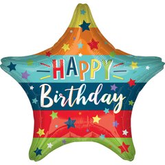 Фольгированный шар 18’ Pinan на День рождения, звезда, Happy Birthday, с полосками, 44 см