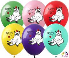 Латексні повітряні кульки 12" (30см.) "Happy birthday кіт" асорті ArtShow 100шт.