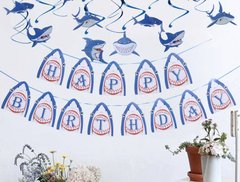 Гірлянда паперова прапорці "Happy birthday акули",синя , в уп (1 шт.)