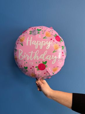 Фольгована кулька Pinan круг "Happy Birthday з квітами" рожева 18"(45см) 1шт.