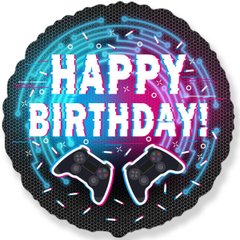Фольгована кулька круг "Happy Birthday джойстики" чорна Flexmetal 18" (45 см) 1 шт