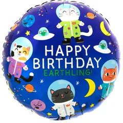 Фольгована кулька Pinan круг "Happy Birthday котики в космосі" синя 18" (45см) 1шт.