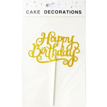 Топпер для торта "Happy Birthday писане" золотий (15х10см) 1шт.