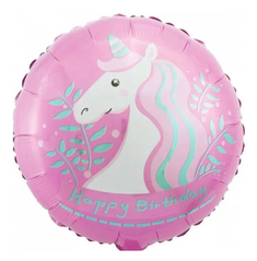 Фольгована кулька Pinan круг "Happy Birthday єдиноріг" рожева 18"(45см) 1шт.