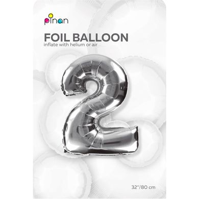 Фольгована кулька цифра "2" срібна Pinan 32" (80 см), в уп. 1 шт