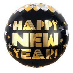 Фольгована кулька Pinan круг "Happy New Year " чорна 18"(45см) 1шт.
