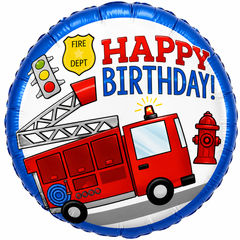 Фольгована кулька Pinan круг "Happy Birthday пожежна машина" синя 18"(45см) 1шт.