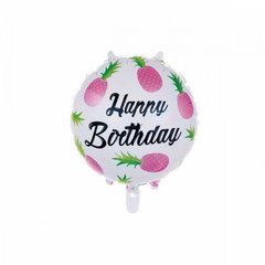 Фольгована кулька Pinan круг "Happy Birthday з рожевими ананасами" 18"(45см) 1шт.