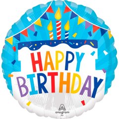 Фольгована кулька круг "Happy Birthday тортик" блакитна Anagram 18"(45см) 1шт.