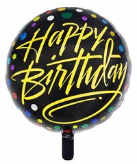 Фольгована кулька Pinan круг "Happy Birthday" чорна 18"(45см) 1шт.