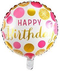 Фольгована кулька Pinan круг "Happy Birthday з кружечками" біла 18"(45см) 1шт.
