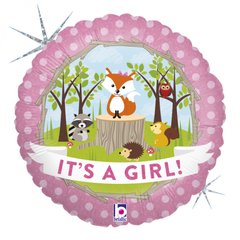 Фольгована кулька круг " It`s a girl лісові звірі" рожева Grabo 18"(45см) 1шт.