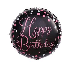 Фольгована кулька Pinan круг "Happy Birthday рожеві крапочки" чорна 18"(45см) 1шт.