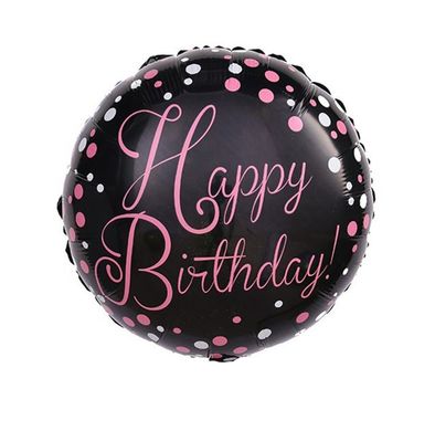 Фольгована кулька Pinan круг "Happy Birthday рожеві крапочки" чорна 18"(45см) 1шт.