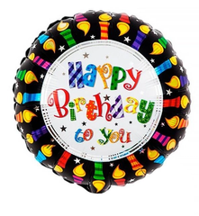Фольгована кулька Pinan круг "Happy Birthday свічки" чорна 18"(45см) 1шт.