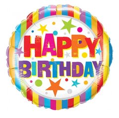 Фольгована кулька Pinan круг "Happy Birthday різнокольорові смужки" 18"(45см) 1шт.