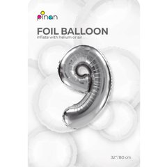 Фольгована кулька цифра "9" срібна Pinan 32" (80 см), в уп. 1 шт