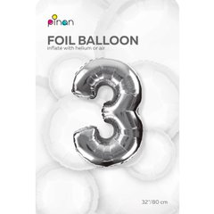 Фольгована кулька цифра "3" срібна Pinan 32" (80 см), в уп. 1 шт