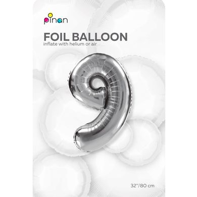 Фольгована кулька цифра "9" срібна Pinan 32" (80 см), в уп. 1 шт