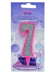 Свічка Balun цифра "7" рожева срібний блиск (9 см) 1 шт.