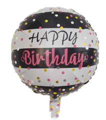 Фольгована кулька Pinan круг "Happy Birthday" біло-чорна 18"(45см) 1шт.