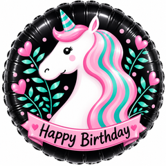 Фольгована кулька Pinan круг "Happy Birthday єдиноріг" чорна 18"(45см) 1шт.