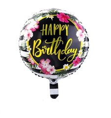 Фольгована кулька Pinan круг "Happy Birthday квіти " чорна-біла 18"(45см) 1шт.