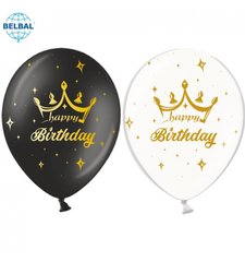 Кулька латекс 12'' (25 шт) Belbal "Happy birthday" з золотими коронами (30 см)