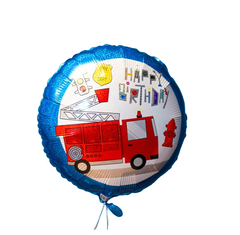 Фольгована кулька круг "Happy Birthday пожежна машина" голограма синя 18"(45см) 1 шт.