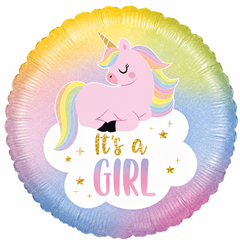 Фольгована кулька Pinan круг "It's a girl єдиноріг" кольорова 18"(45см) 1шт.
