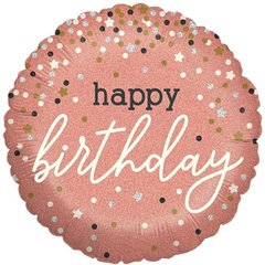 Фольгована кулька Pinan круг "Happy Birthday конфеті" рожеве золото 18"(45см) 1шт.