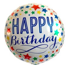 Фольгована кулька Pinan круг "Happy Birthday кольорові зірочки" біла 18"(45см) 1шт.