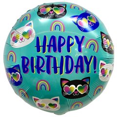 Фольгована куля 18’ Pinan на День народження, коло, Happy Birthday, з котиками, 44 см
