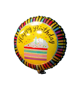 Фольгована кулька круг "Happy Birthday торт" голограма чорна 18"(45см) 1 шт.