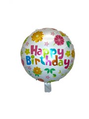 Фольгована кулька Pinan круг "Happy Birthday квіти" біла 18"(45см) 1шт.